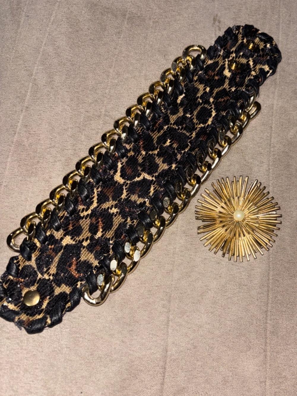 Leopard Print Chain Bracelet with Gold Sunburst Brooch - Black/Gold